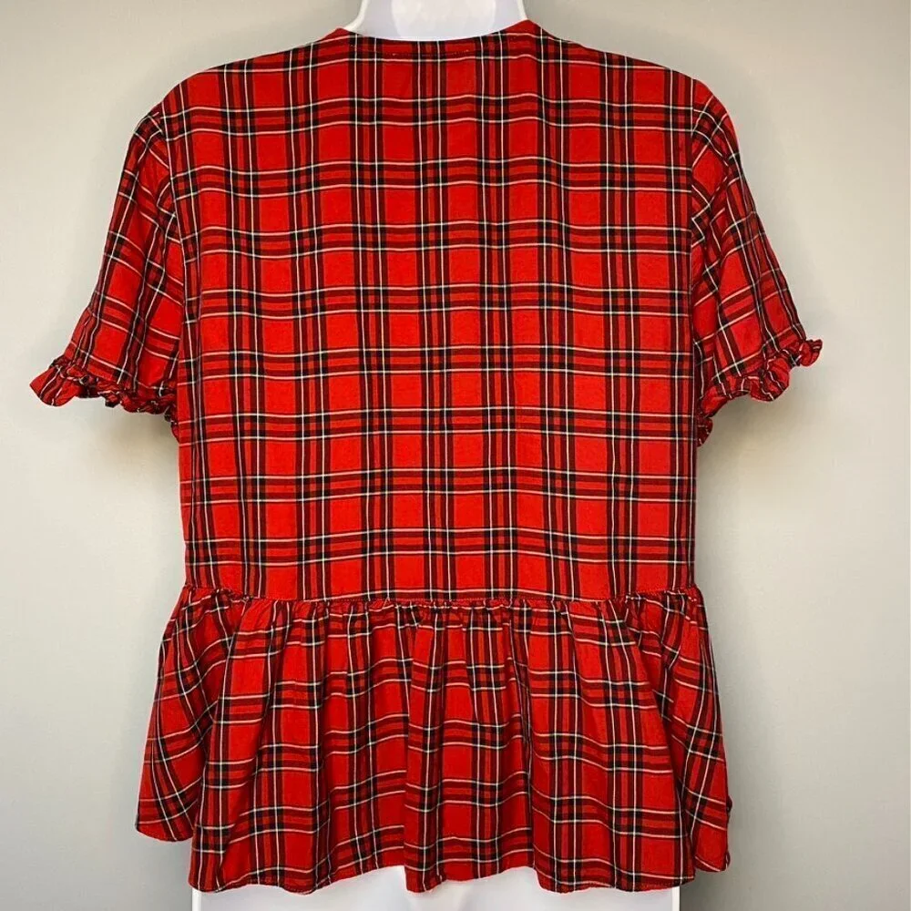 MADEWELL Red and Black Plaid Ruffle Hem Puff Sleeve Button‎ Down Blouse Size S